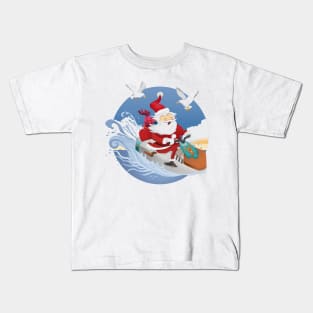 Santa Claus riding on jet sky in tropical weather Kids T-Shirt